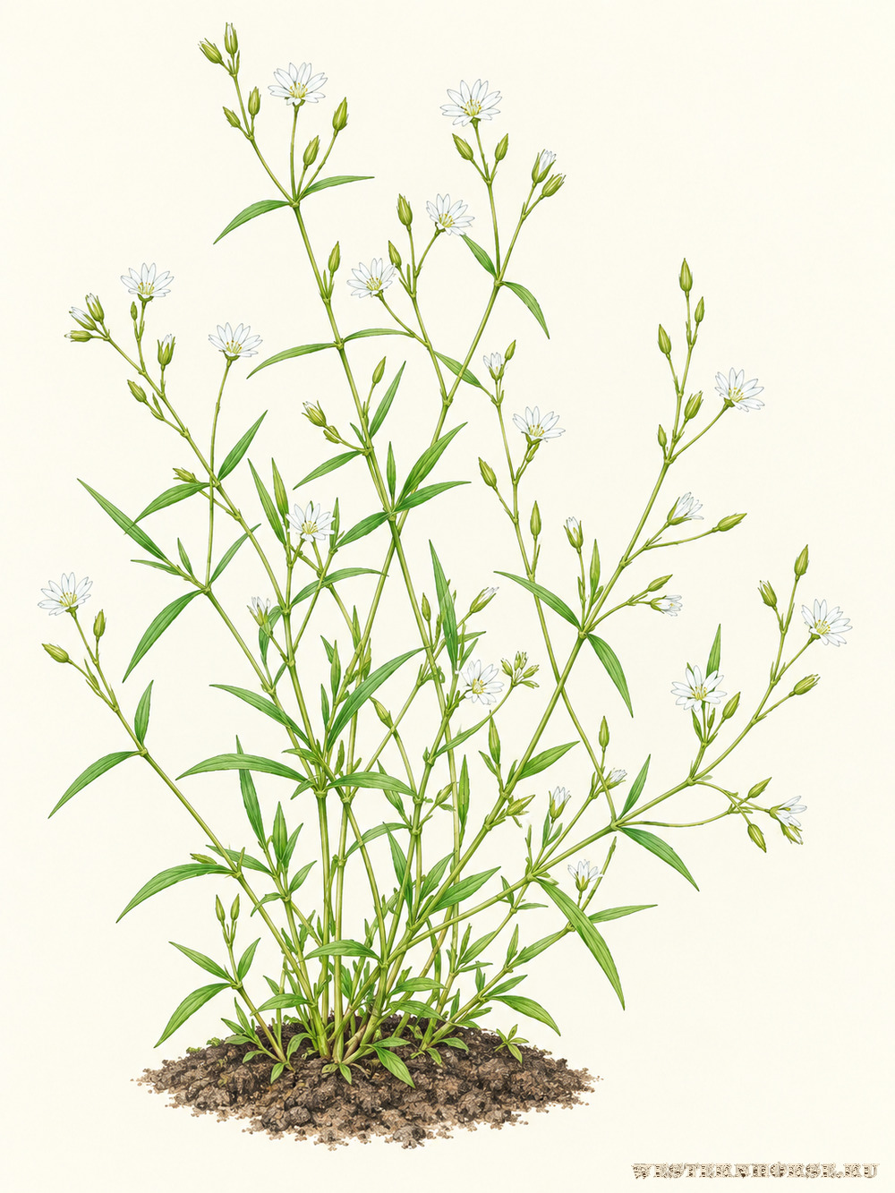 Иллюстрация: Звездчатка злаковая (Stellaria graminea L.) — цветущее растение целиком